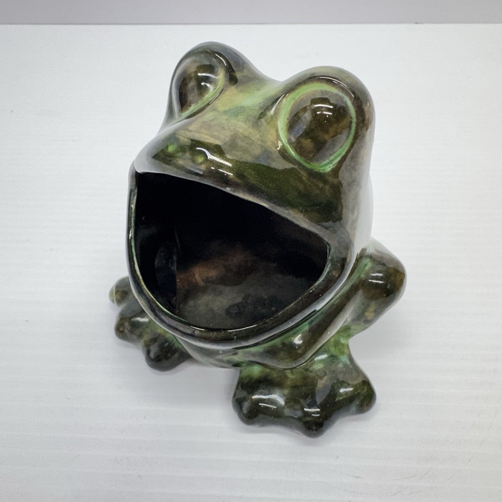 Vintage Ceramic Frog Sponge Holder Green Scrubby, 70s MCM Wide Mouth